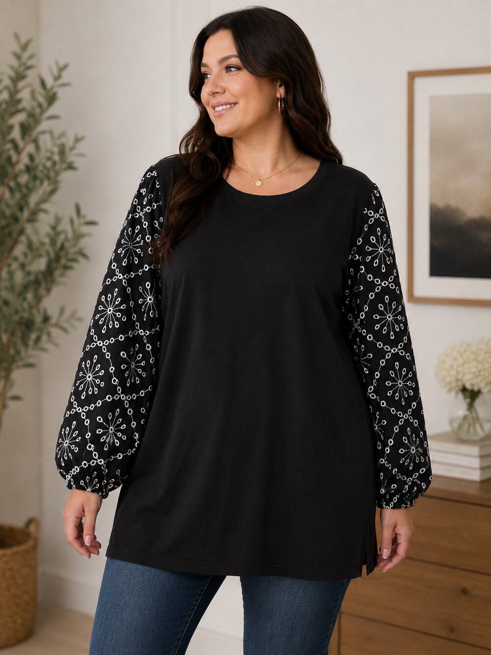 Lane Bryant 18/20 Black Embroidered Balloon Sleeve Tunic Top